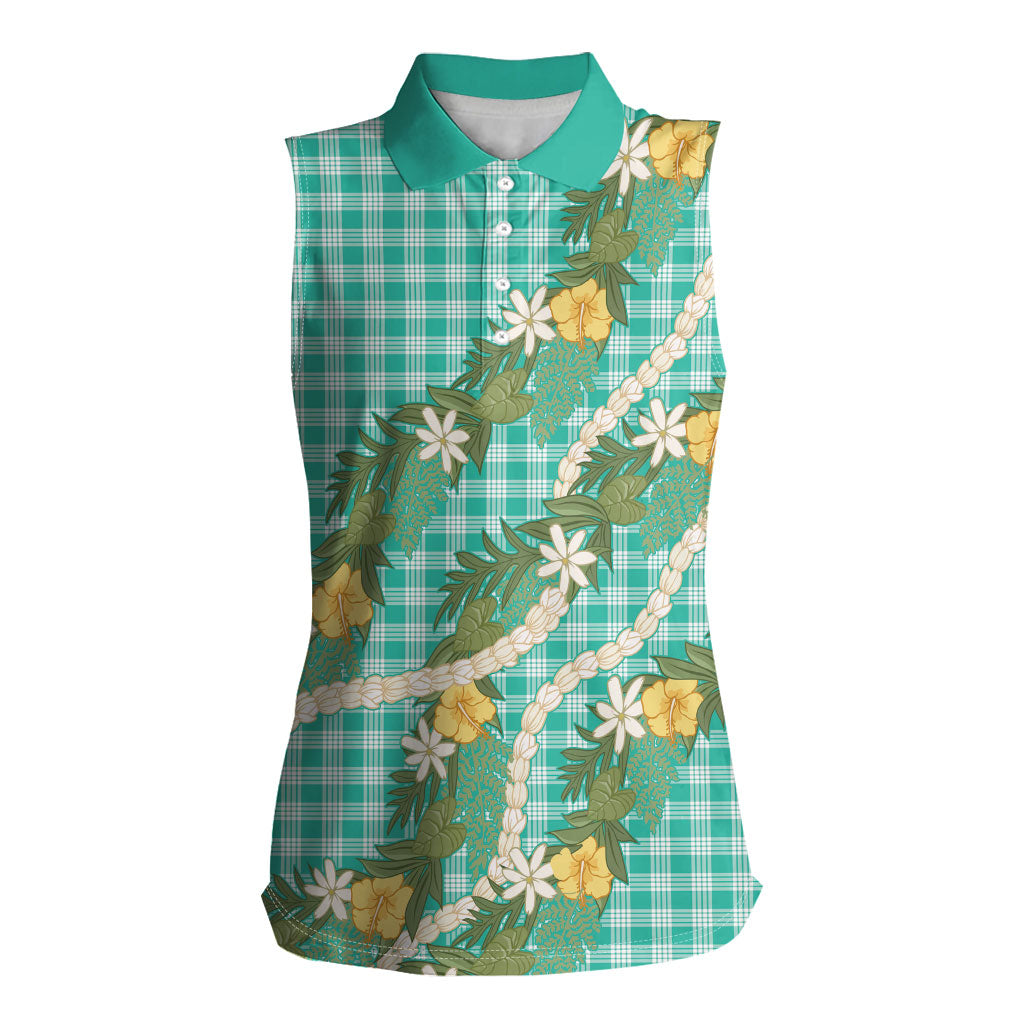 Aloha Puakenikeni Anthurium Pikake Lei Women Sleeveless Polo Shirt Marine Hawaiian Palaka Pattern