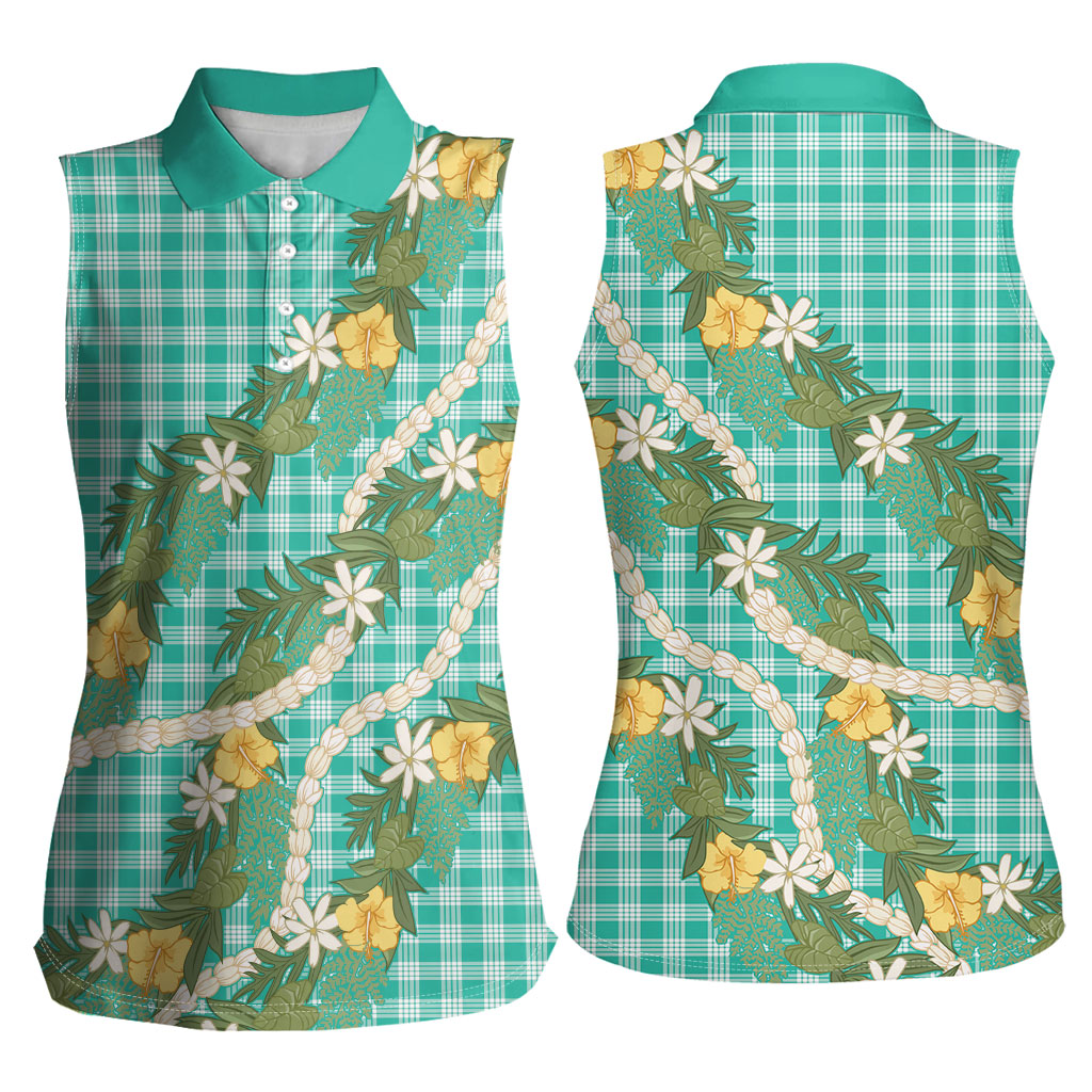 Aloha Puakenikeni Anthurium Pikake Lei Women Sleeveless Polo Shirt Marine Hawaiian Palaka Pattern
