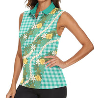 Aloha Puakenikeni Anthurium Pikake Lei Women Sleeveless Polo Shirt Marine Hawaiian Palaka Pattern