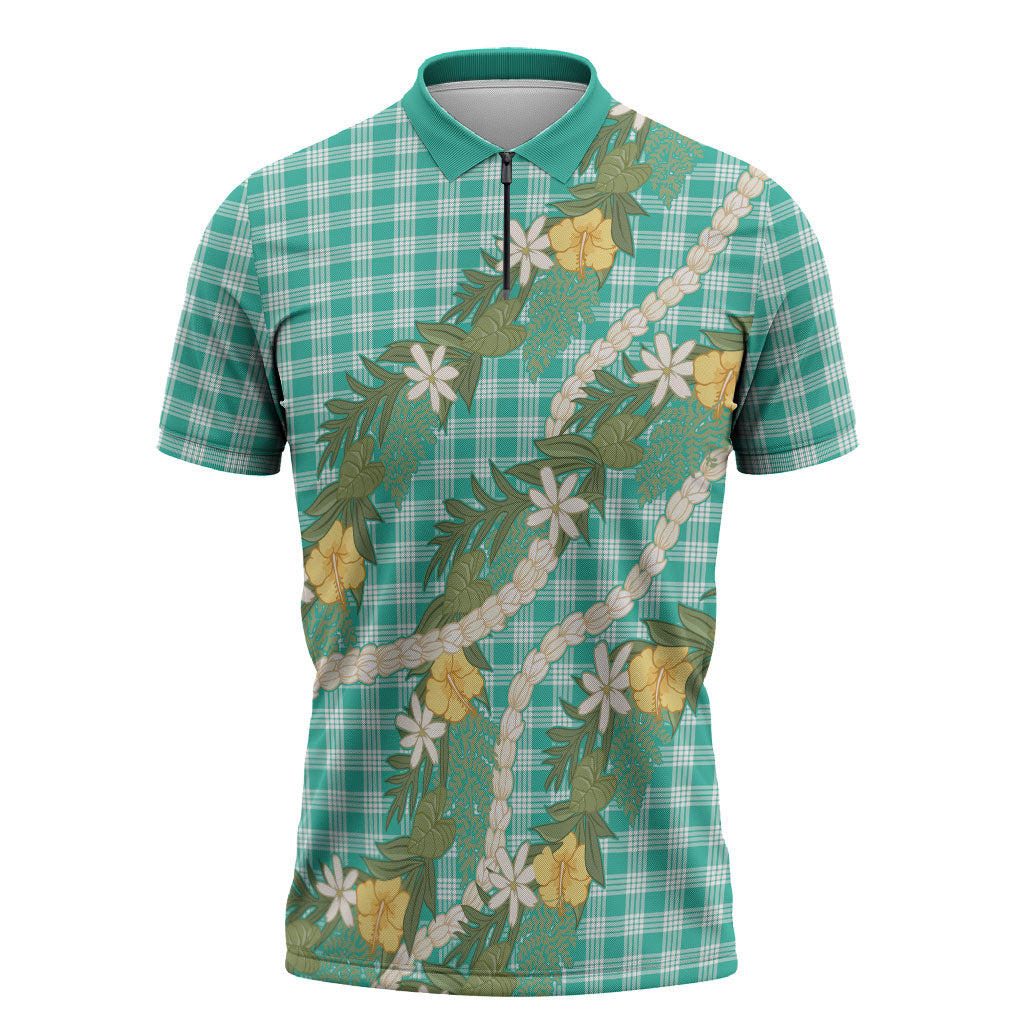 Aloha Puakenikeni Anthurium Pikake Lei Zipper Polo Shirt Marine Hawaiian Palaka Pattern