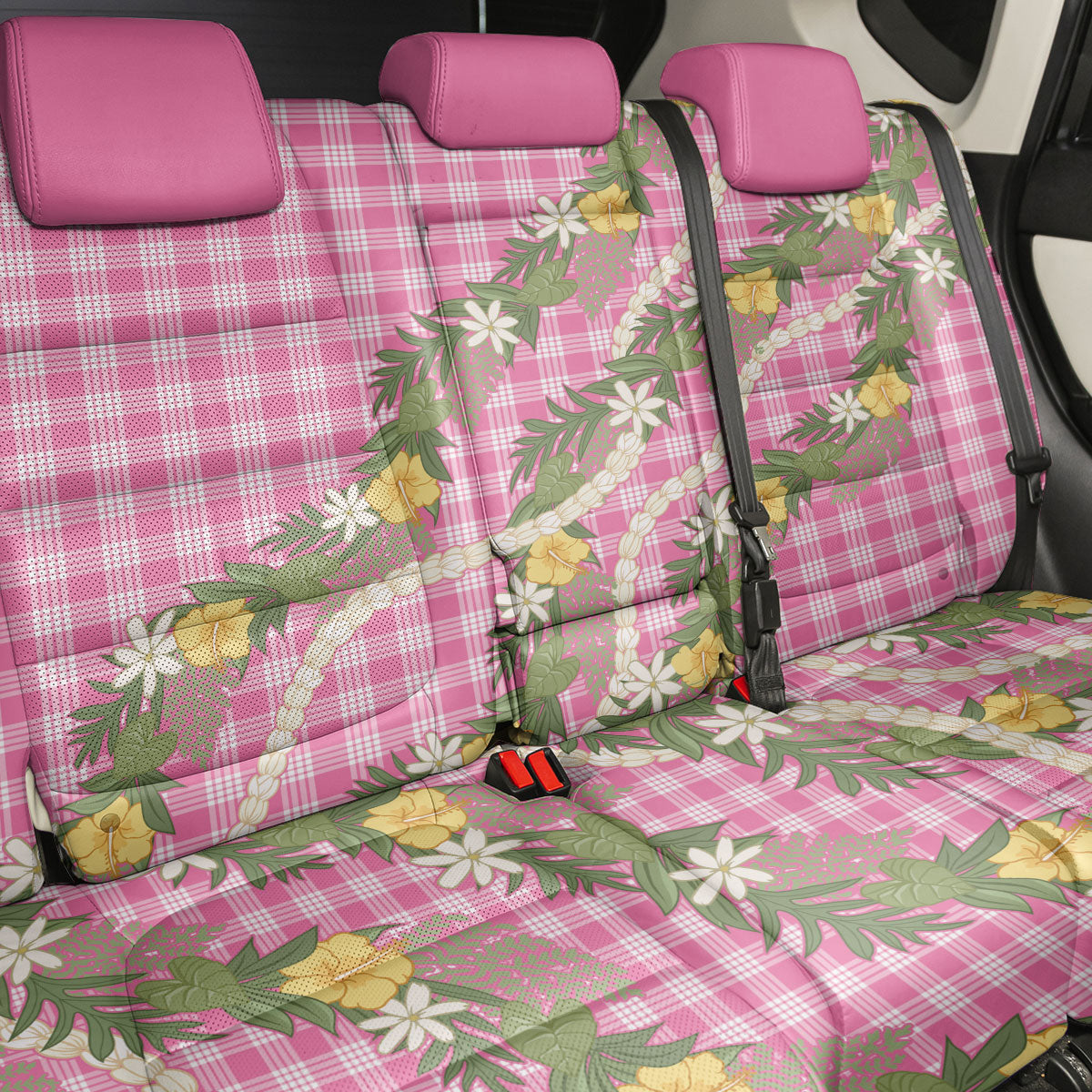 Aloha Puakenikeni Anthurium Pikake Lei Back Car Seat Cover Tropical Pink Hawaiian Palaka Pattern