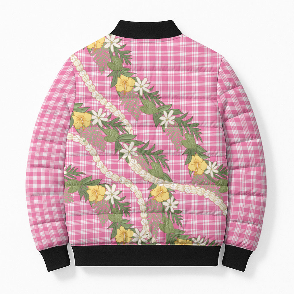 Aloha Puakenikeni Anthurium Pikake Lei Bomber Puffer Jacket Tropical Pink Hawaiian Palaka Pattern