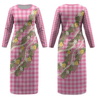 Aloha Puakenikeni Anthurium Pikake Lei Couples Matching Long Sleeve Bodycon Dress and Long Sleeve Button Shirt Tropical Pink Hawaiian Palaka Pattern LT9 - Polynesian Pride