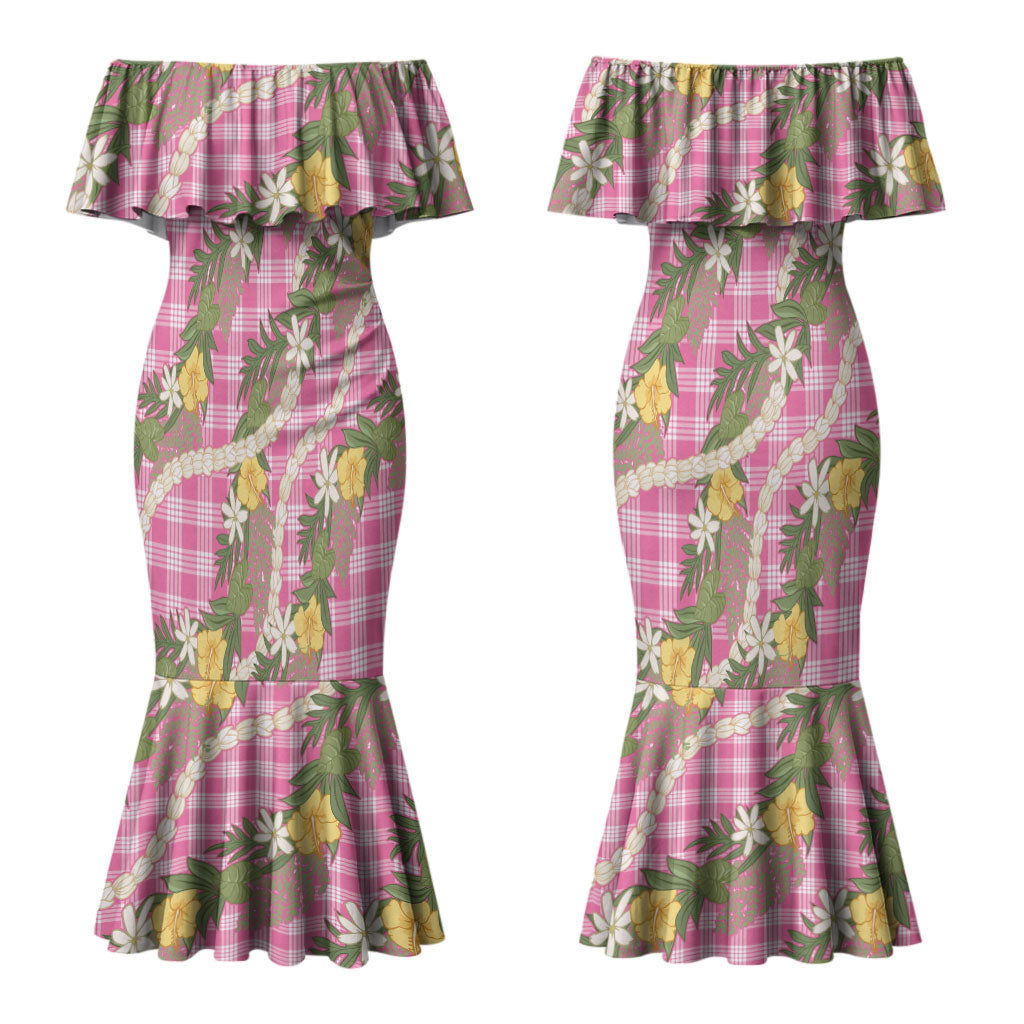 Aloha Puakenikeni Anthurium Pikake Lei Couples Matching Mermaid Dress and Long Sleeve Button Shirt Tropical Pink Hawaiian Palaka Pattern LT9 - Polynesian Pride