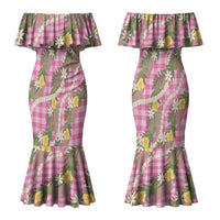 Aloha Puakenikeni Anthurium Pikake Lei Couples Matching Mermaid Dress and Long Sleeve Button Shirt Tropical Pink Hawaiian Palaka Pattern LT9 - Polynesian Pride