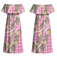 Aloha Puakenikeni Anthurium Pikake Lei Couples Matching Off Shoulder Maxi Dress and Hawaiian Shirt Tropical Pink Hawaiian Palaka Pattern LT9 - Polynesian Pride
