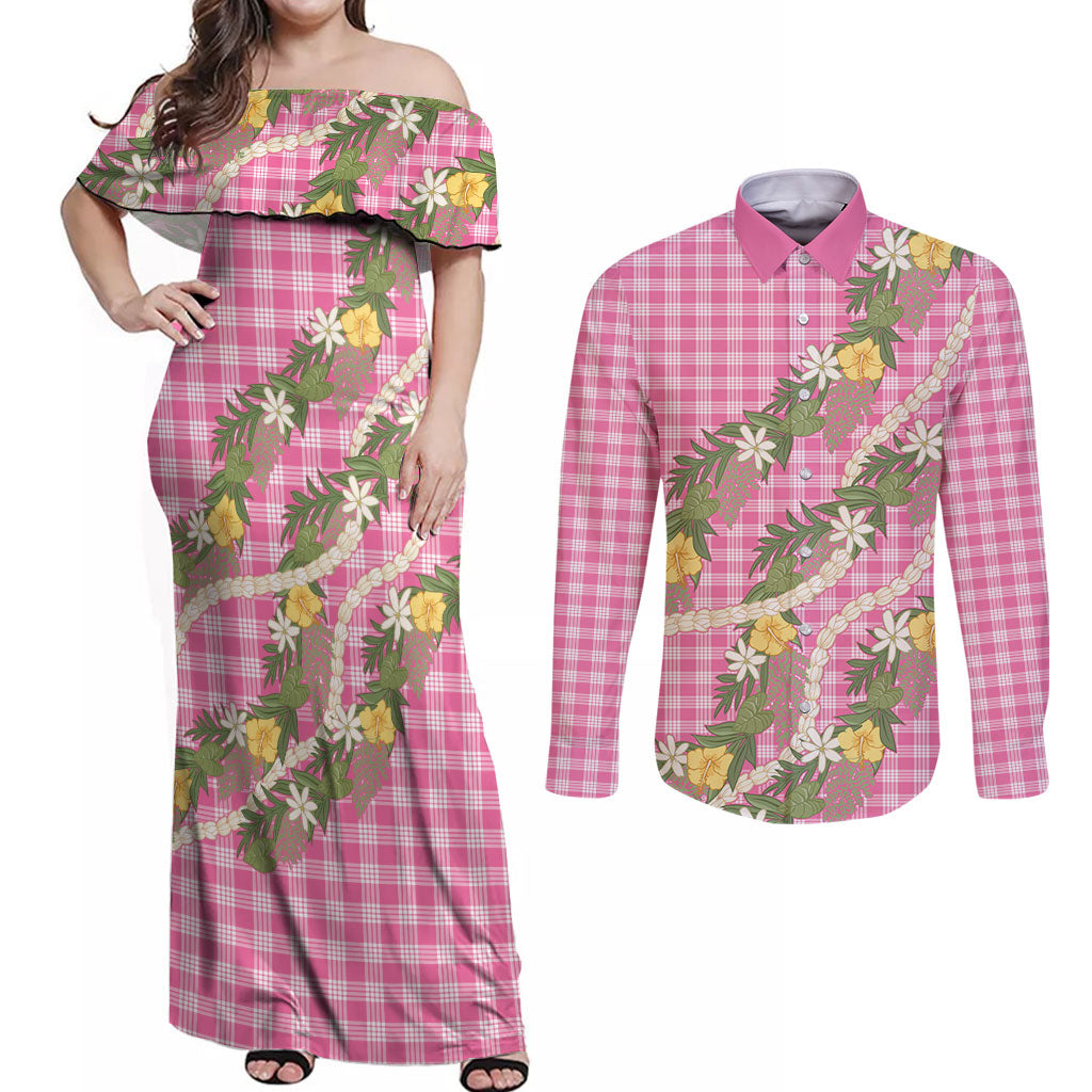 Aloha Puakenikeni Anthurium Pikake Lei Couples Matching Off Shoulder Maxi Dress and Long Sleeve Button Shirt Tropical Pink Hawaiian Palaka Pattern