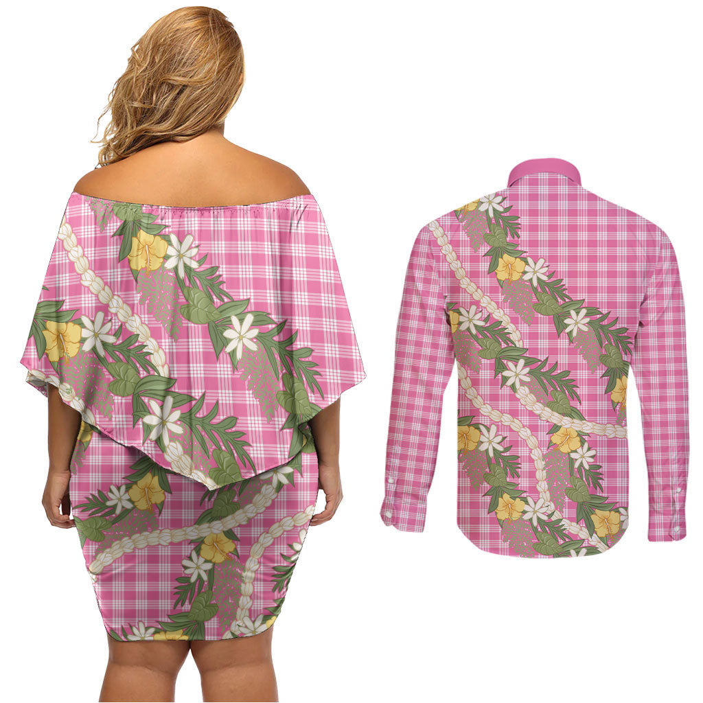 Aloha Puakenikeni Anthurium Pikake Lei Couples Matching Off Shoulder Short Dress and Long Sleeve Button Shirt Tropical Pink Hawaiian Palaka Pattern