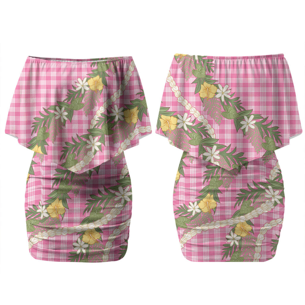 Aloha Puakenikeni Anthurium Pikake Lei Couples Matching Off Shoulder Short Dress and Long Sleeve Button Shirt Tropical Pink Hawaiian Palaka Pattern LT9 - Polynesian Pride