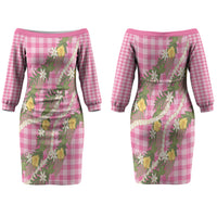 Aloha Puakenikeni Anthurium Pikake Lei Couples Matching Off The Shoulder Long Sleeve Dress and Hawaiian Shirt Tropical Pink Hawaiian Palaka Pattern LT9 - Polynesian Pride