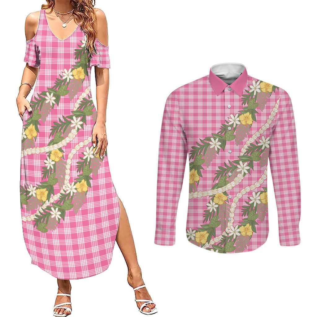 Aloha Puakenikeni Anthurium Pikake Lei Couples Matching Summer Maxi Dress and Long Sleeve Button Shirt Tropical Pink Hawaiian Palaka Pattern