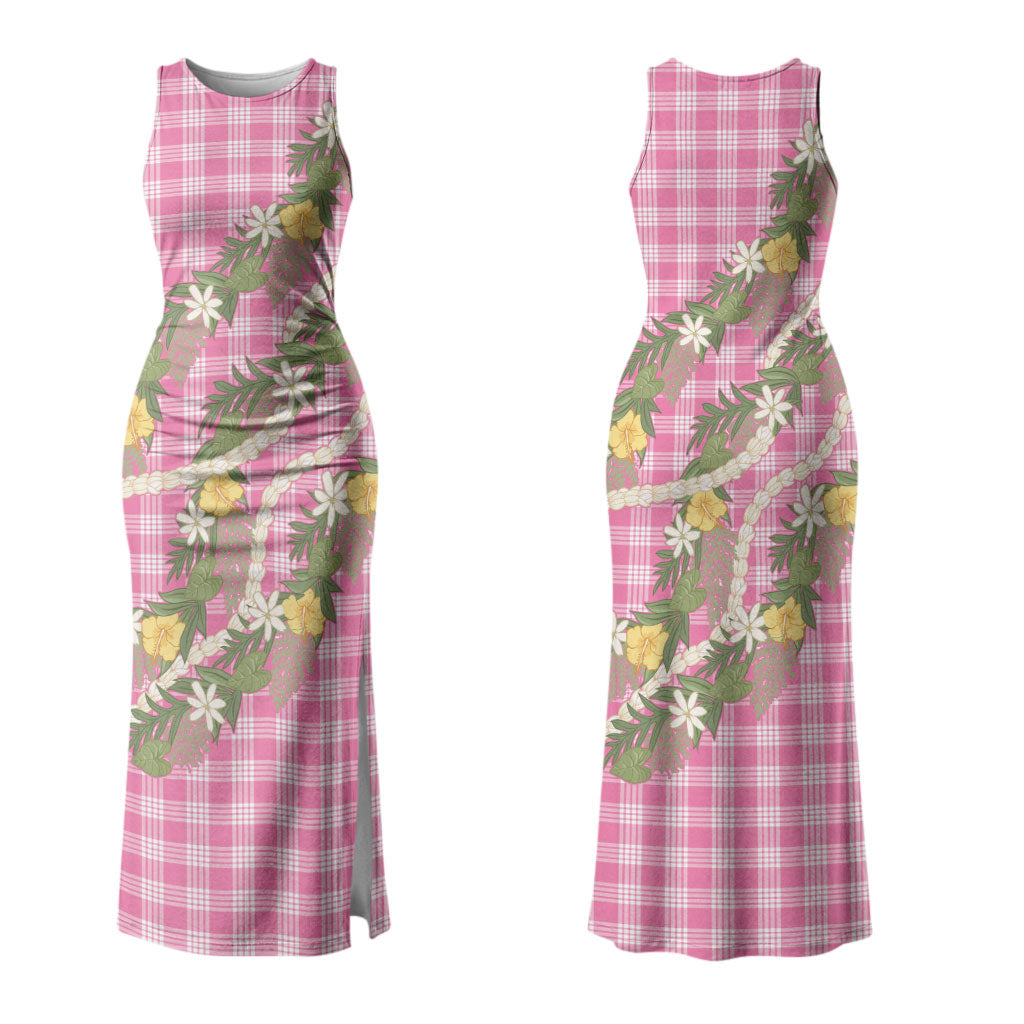 Aloha Puakenikeni Anthurium Pikake Lei Couples Matching Tank Maxi Dress and Long Sleeve Button Shirt Tropical Pink Hawaiian Palaka Pattern LT9 - Polynesian Pride