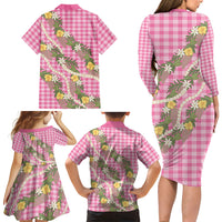 Aloha Puakenikeni Anthurium Pikake Lei Family Matching Long Sleeve Bodycon Dress and Hawaiian Shirt Tropical Pink Hawaiian Palaka Pattern LT9 - Polynesian Pride