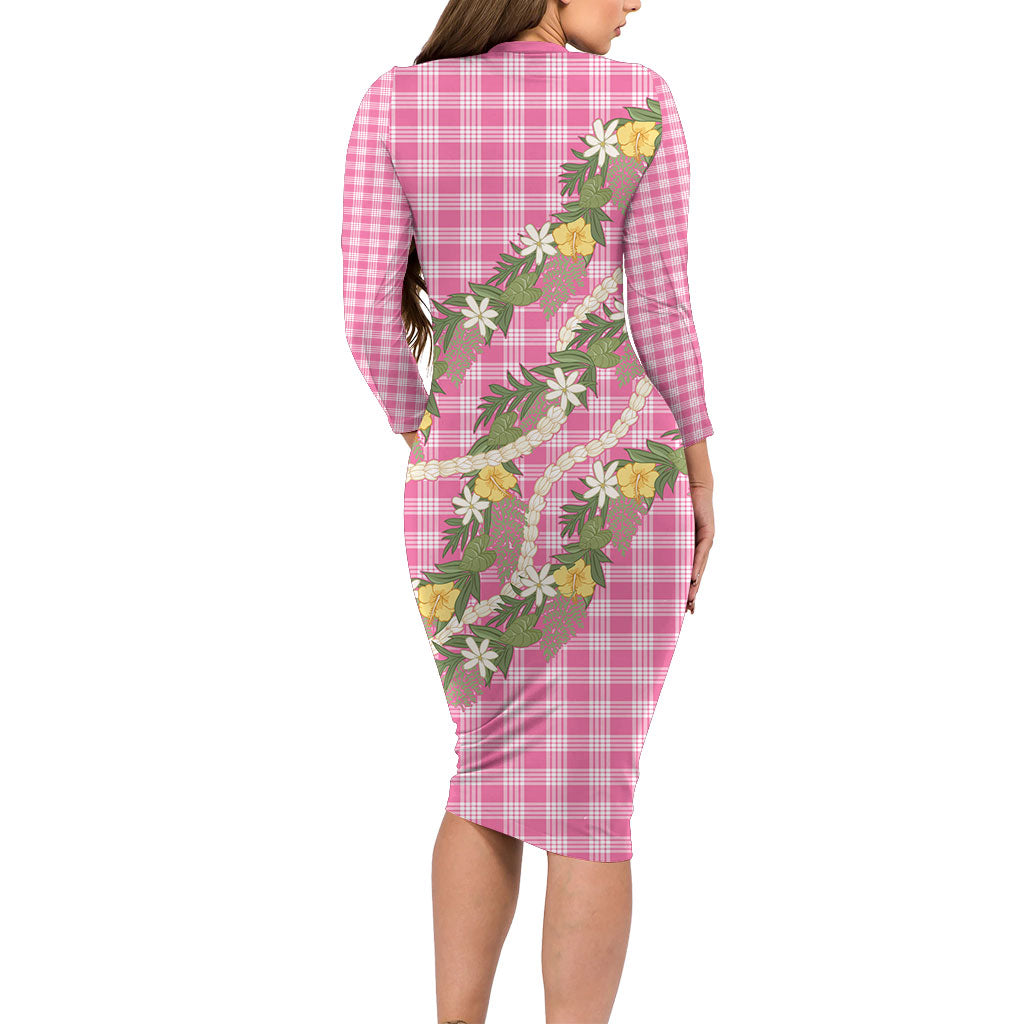 Aloha Puakenikeni Anthurium Pikake Lei Family Matching Long Sleeve Bodycon Dress and Hawaiian Shirt Tropical Pink Hawaiian Palaka Pattern LT9 - Polynesian Pride