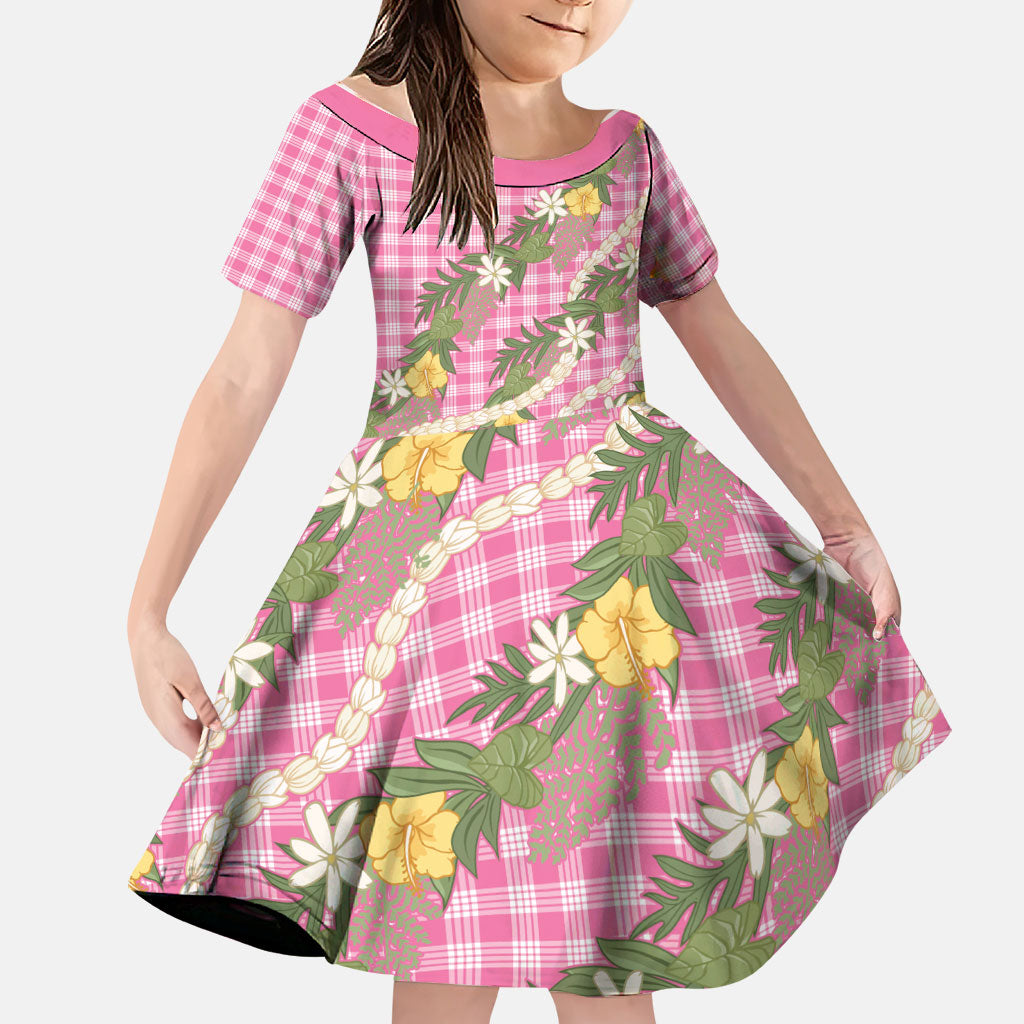 Aloha Puakenikeni Anthurium Pikake Lei Family Matching Mermaid Dress and Hawaiian Shirt Tropical Pink Hawaiian Palaka Pattern LT9 Daughter's Dress Pink - Polynesian Pride
