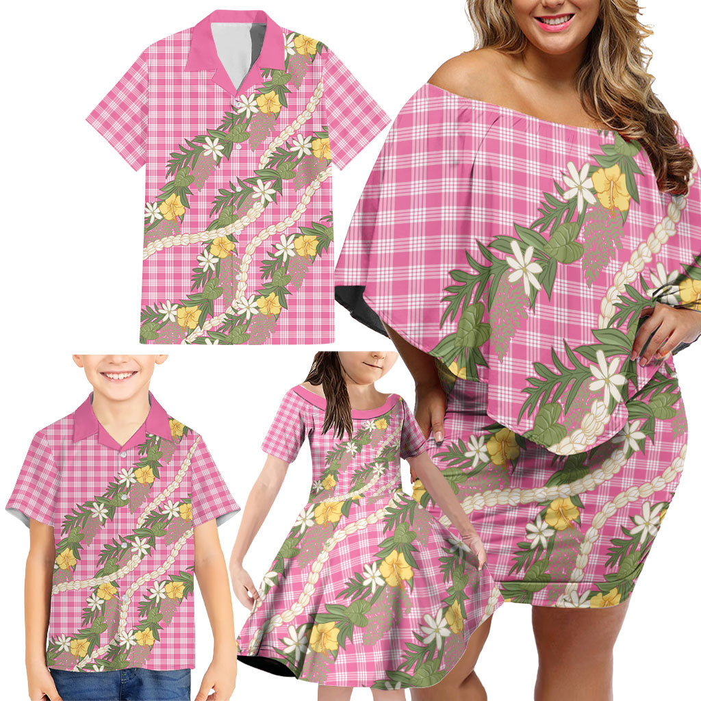 Aloha Puakenikeni Anthurium Pikake Lei Family Matching Off Shoulder Short Dress and Hawaiian Shirt Tropical Pink Hawaiian Palaka Pattern LT9 - Polynesian Pride