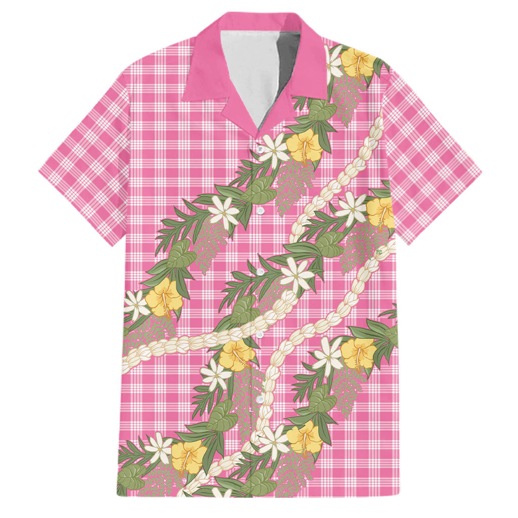 Aloha Puakenikeni Anthurium Pikake Lei Family Matching Off Shoulder Short Dress and Hawaiian Shirt Tropical Pink Hawaiian Palaka Pattern LT9 Dad's Shirt - Short Sleeve Pink - Polynesian Pride