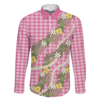 Aloha Puakenikeni Anthurium Pikake Lei Family Matching Off Shoulder Short Dress and Hawaiian Shirt Tropical Pink Hawaiian Palaka Pattern LT9 Dad's Shirt - Long Sleeve Pink - Polynesian Pride