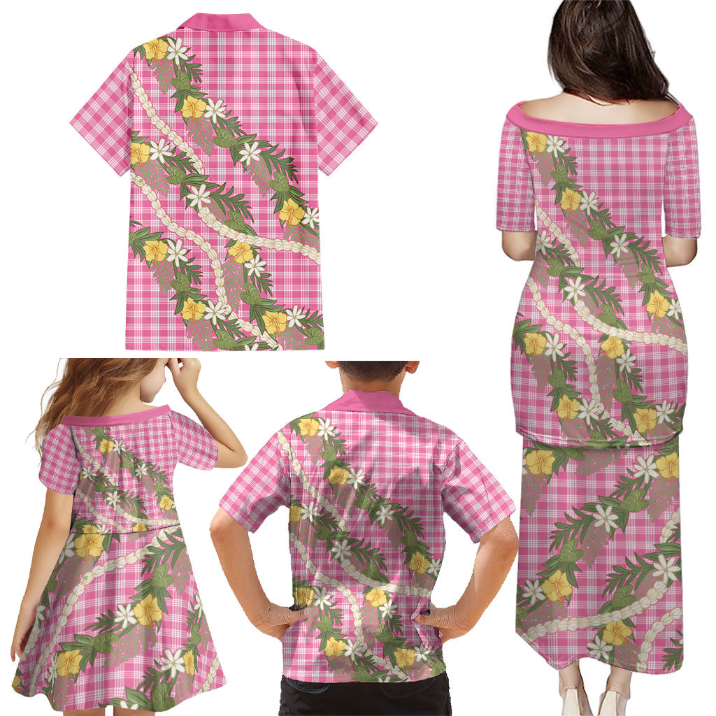 Aloha Puakenikeni Anthurium Pikake Lei Family Matching Puletasi and Hawaiian Shirt Tropical Pink Hawaiian Palaka Pattern LT9 - Polynesian Pride