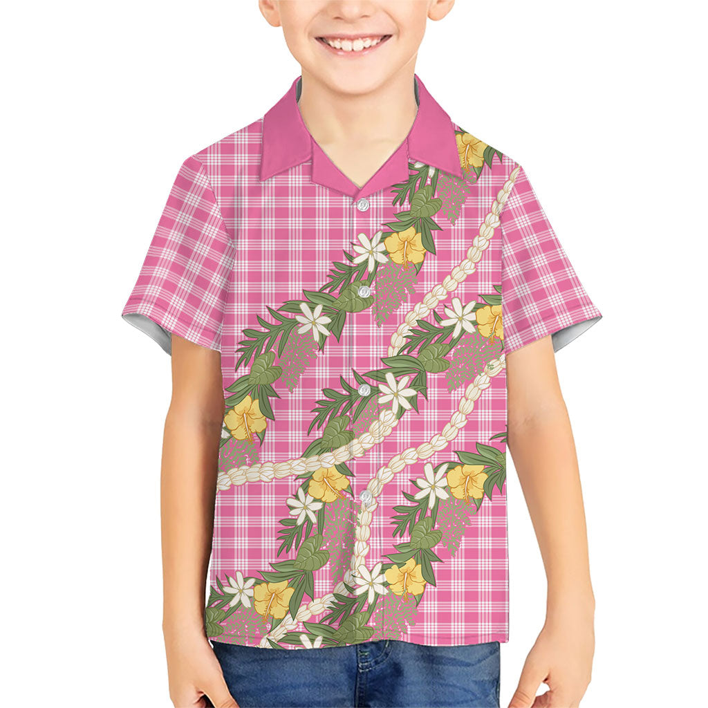 Aloha Puakenikeni Anthurium Pikake Lei Family Matching Puletasi and Hawaiian Shirt Tropical Pink Hawaiian Palaka Pattern LT9 Son's Shirt Pink - Polynesian Pride