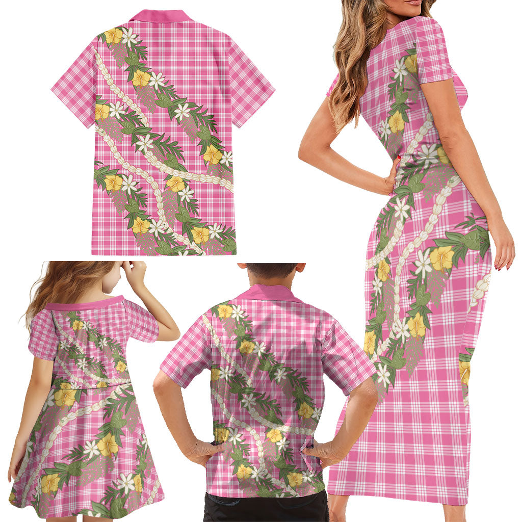 Aloha Puakenikeni Anthurium Pikake Lei Family Matching Short Sleeve Bodycon Dress and Hawaiian Shirt Tropical Pink Hawaiian Palaka Pattern LT9 - Polynesian Pride