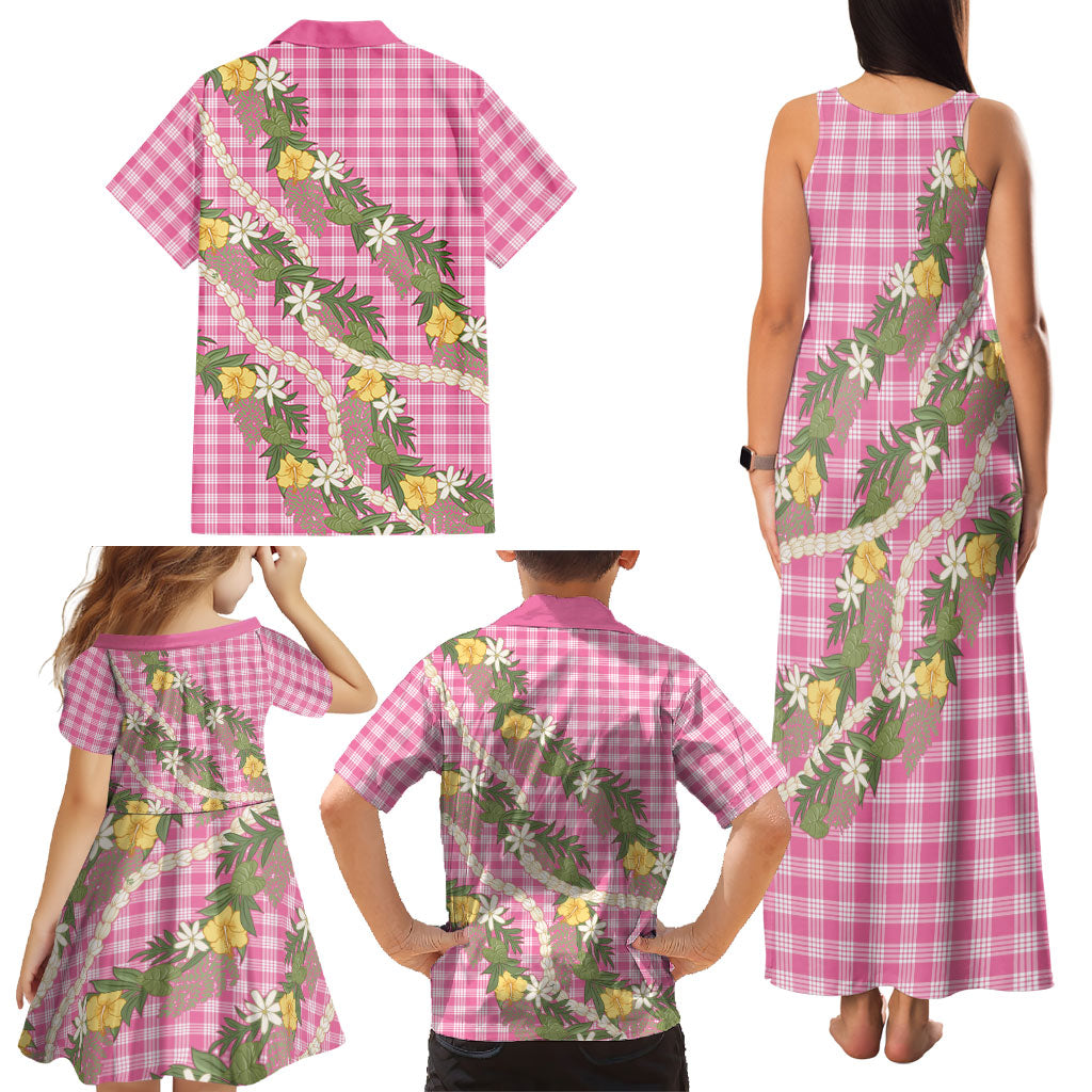 Aloha Puakenikeni Anthurium Pikake Lei Family Matching Tank Maxi Dress and Hawaiian Shirt Tropical Pink Hawaiian Palaka Pattern LT9 - Polynesian Pride