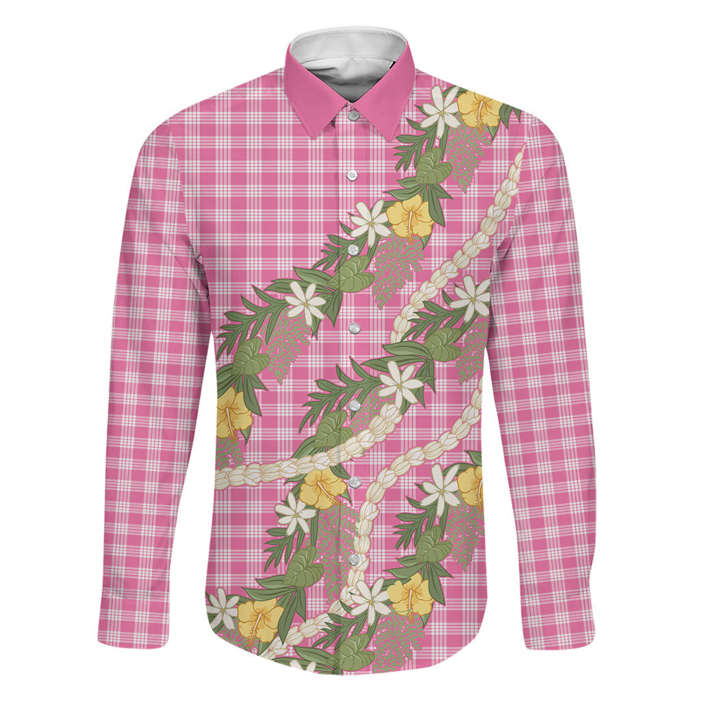 Aloha Puakenikeni Anthurium Pikake Lei Family Matching Tank Maxi Dress and Hawaiian Shirt Tropical Pink Hawaiian Palaka Pattern LT9 Dad's Shirt - Long Sleeve Pink - Polynesian Pride