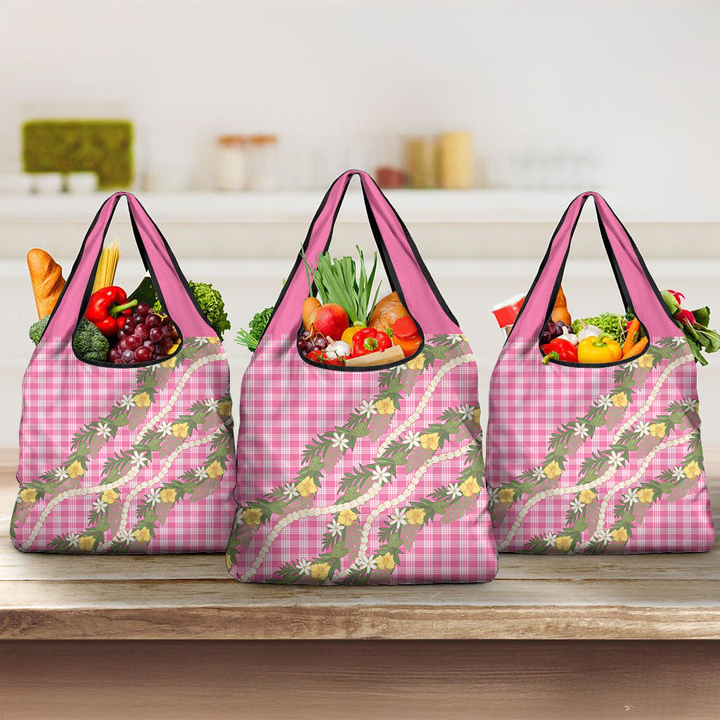 Aloha Puakenikeni Anthurium Pikake Lei Grocery Bag Tropical Pink Hawaiian Palaka Pattern