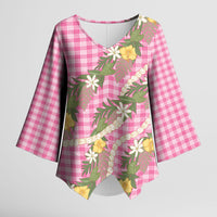 Aloha Puakenikeni Anthurium Pikake Lei Kimono Sleeve Blouse Tropical Pink Hawaiian Palaka Pattern