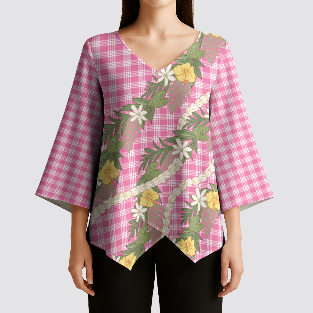 Aloha Puakenikeni Anthurium Pikake Lei Kimono Sleeve Blouse Tropical Pink Hawaiian Palaka Pattern