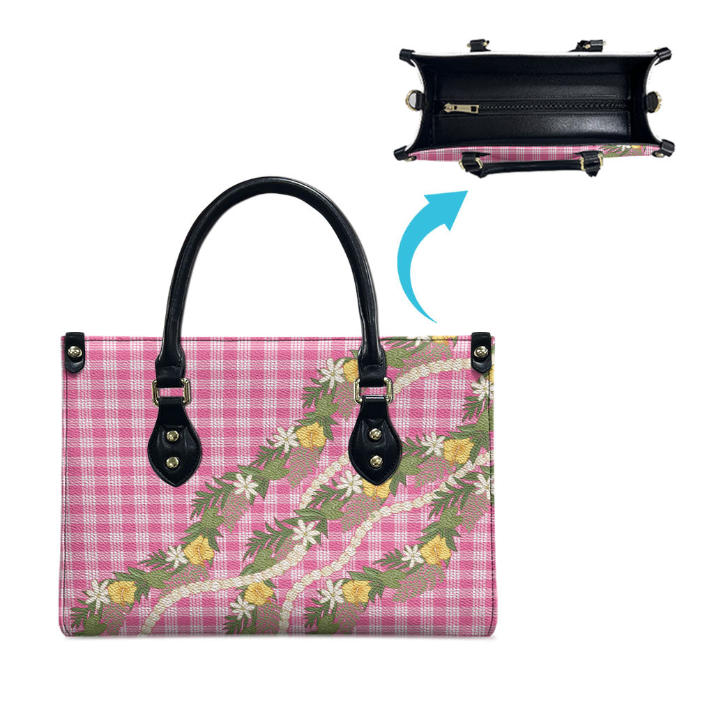 Aloha Puakenikeni Anthurium Pikake Lei Leather Bag Tropical Pink Hawaiian Palaka Pattern LT9 - Polynesian Pride