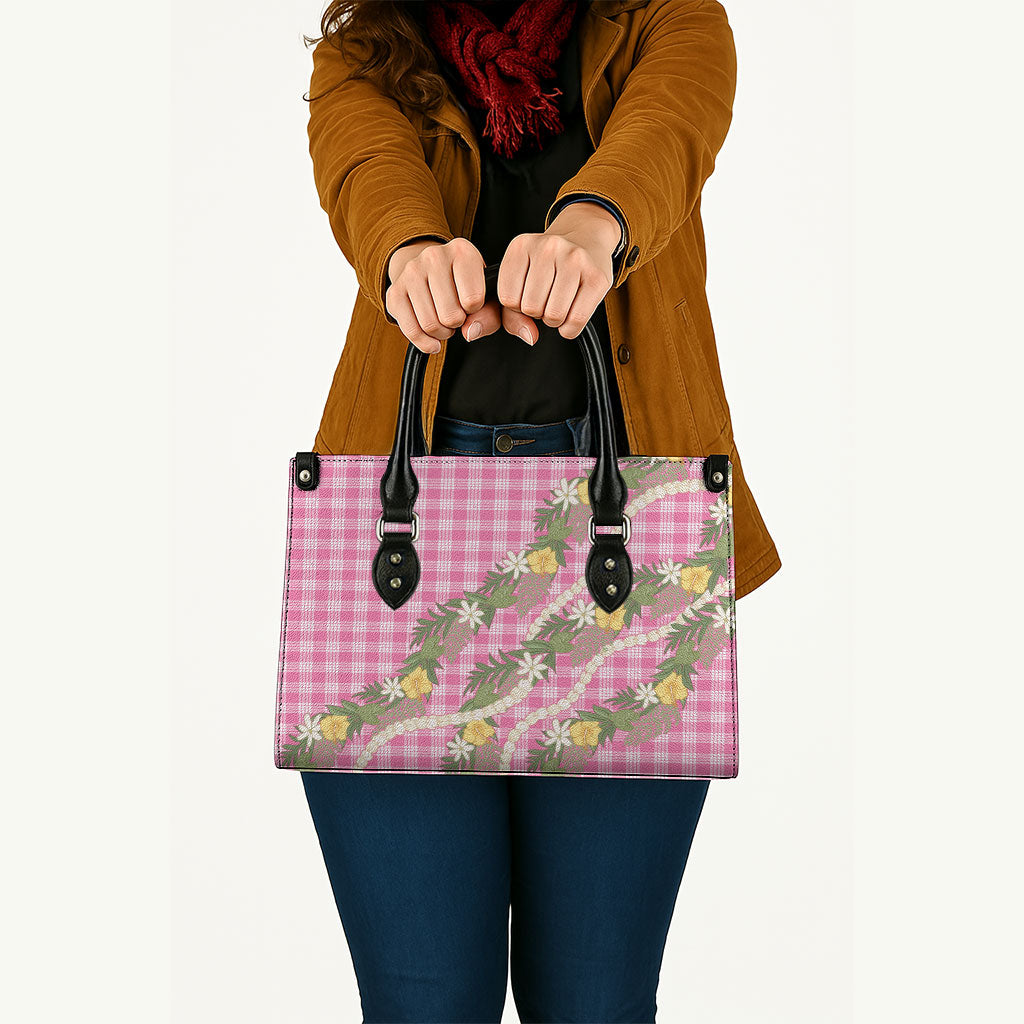 Aloha Puakenikeni Anthurium Pikake Lei Leather Bag Tropical Pink Hawaiian Palaka Pattern LT9 - Polynesian Pride
