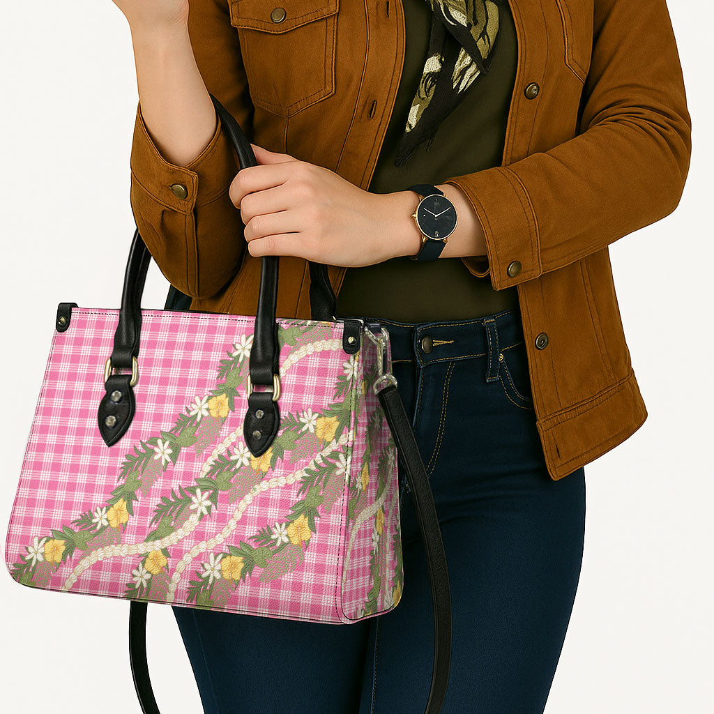 Aloha Puakenikeni Anthurium Pikake Lei Leather Bag Tropical Pink Hawaiian Palaka Pattern LT9 - Polynesian Pride