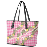 Aloha Puakenikeni Anthurium Pikake Lei Leather Tote Bag Tropical Pink Hawaiian Palaka Pattern