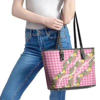 Aloha Puakenikeni Anthurium Pikake Lei Leather Tote Bag Tropical Pink Hawaiian Palaka Pattern