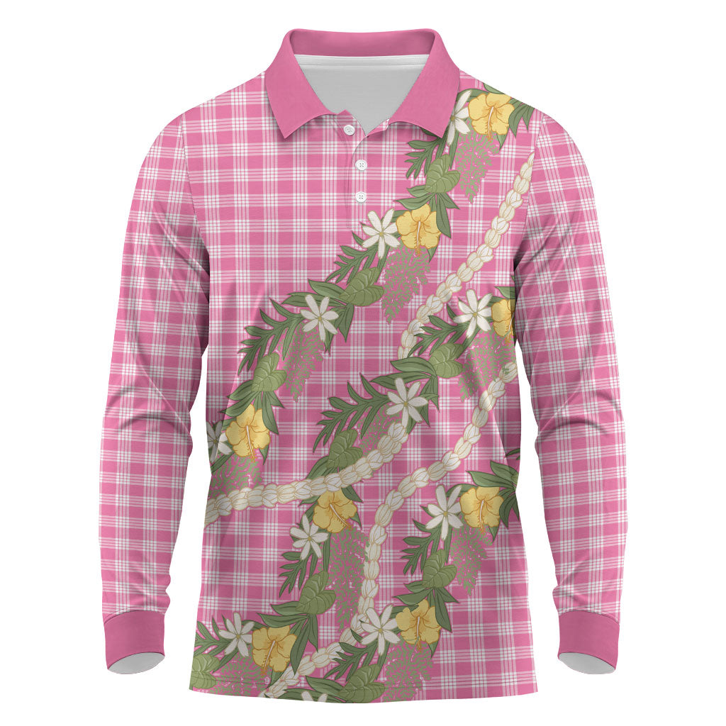 Aloha Puakenikeni Anthurium Pikake Lei Long Sleeve Polo Shirt Tropical Pink Hawaiian Palaka Pattern