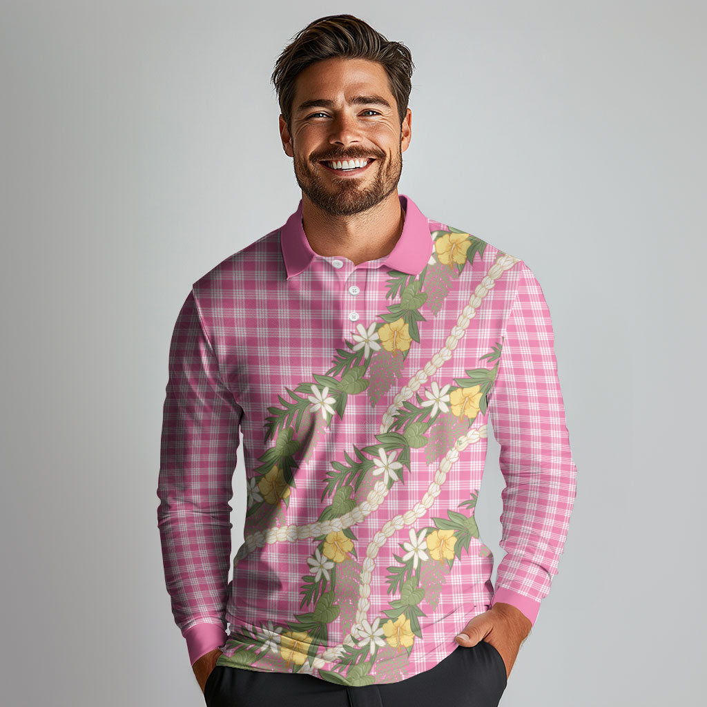 Aloha Puakenikeni Anthurium Pikake Lei Long Sleeve Polo Shirt Tropical Pink Hawaiian Palaka Pattern