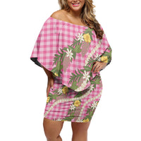Aloha Puakenikeni Anthurium Pikake Lei Off Shoulder Short Dress Tropical Pink Hawaiian Palaka Pattern