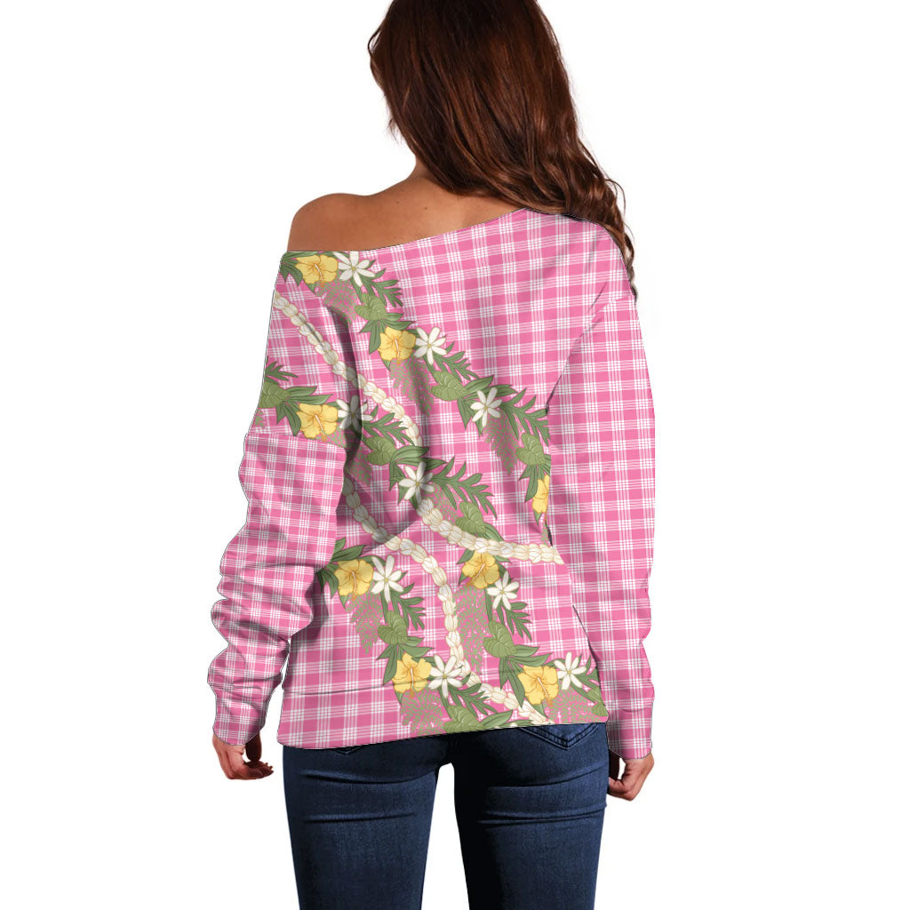 Aloha Puakenikeni Anthurium Pikake Lei Off Shoulder Sweater Tropical Pink Hawaiian Palaka Pattern LT9 - Polynesian Pride