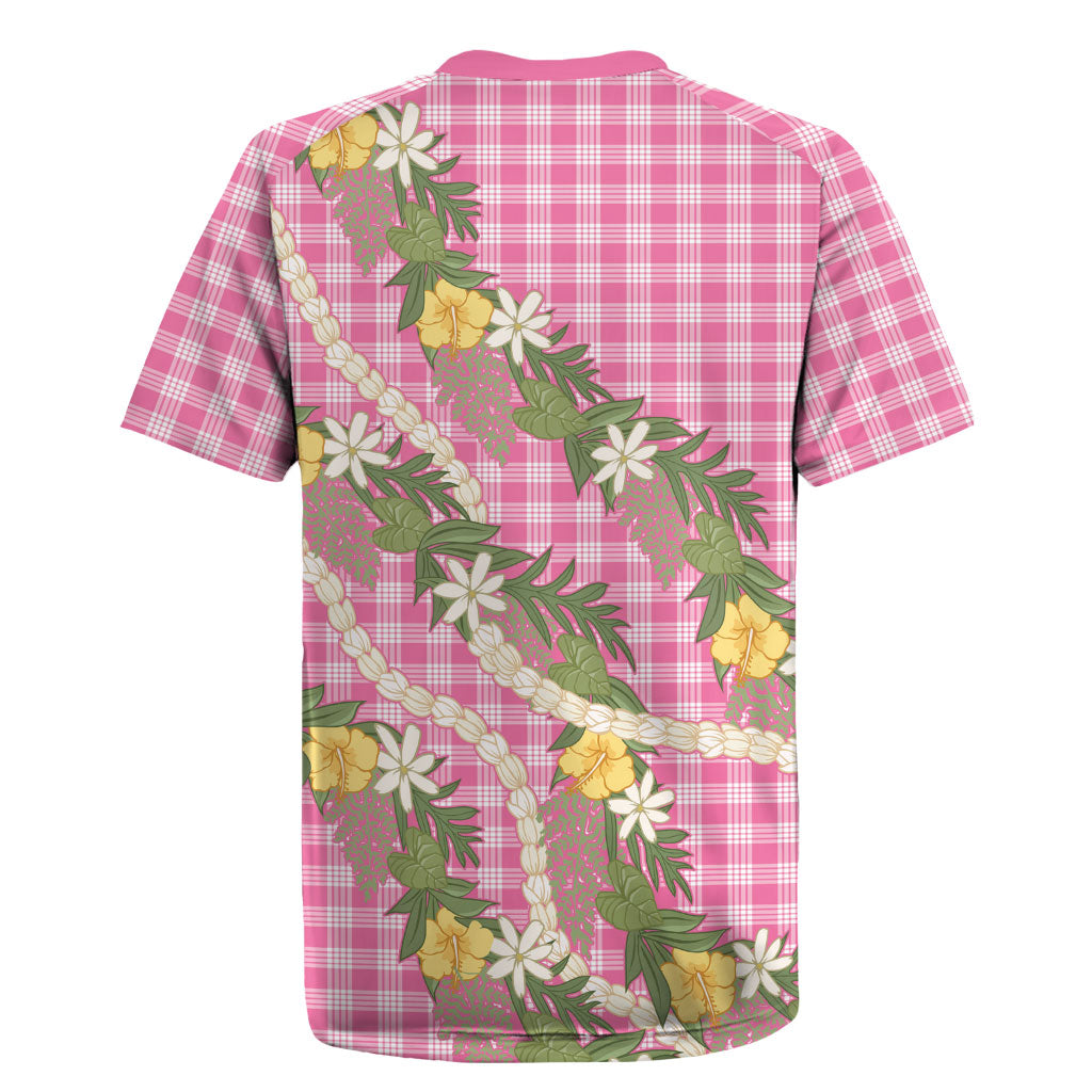 Aloha Puakenikeni Anthurium Pikake Lei Rugby Jersey Tropical Pink Hawaiian Palaka Pattern