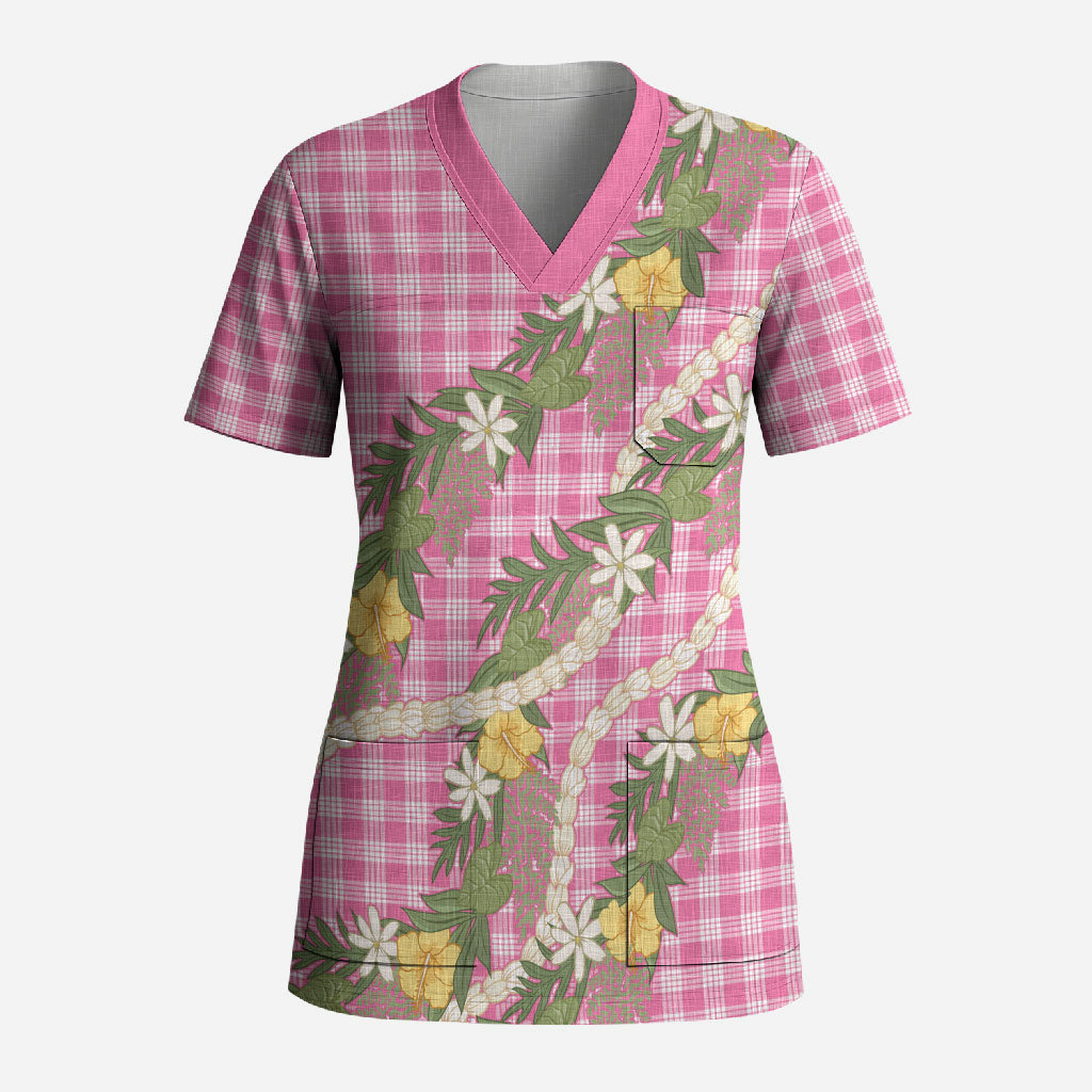 Aloha Puakenikeni Anthurium Pikake Lei Scrub Top Tropical Pink Hawaiian Palaka Pattern