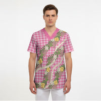 Aloha Puakenikeni Anthurium Pikake Lei Scrub Top Tropical Pink Hawaiian Palaka Pattern