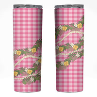 Aloha Puakenikeni Anthurium Pikake Lei Skinny Tumbler Tropical Pink Hawaiian Palaka Pattern