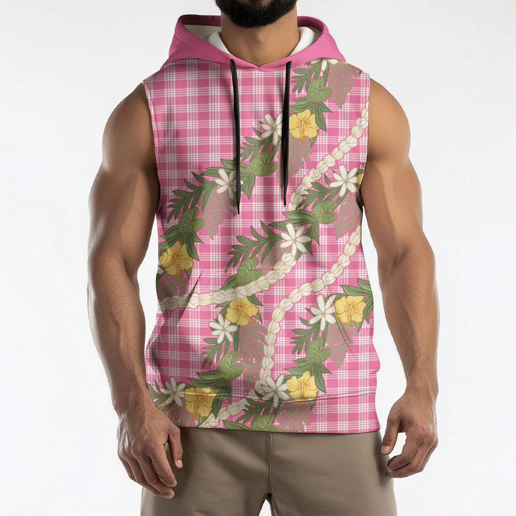 Aloha Puakenikeni Anthurium Pikake Lei Sleeveless Hoodie Tropical Pink Hawaiian Palaka Pattern