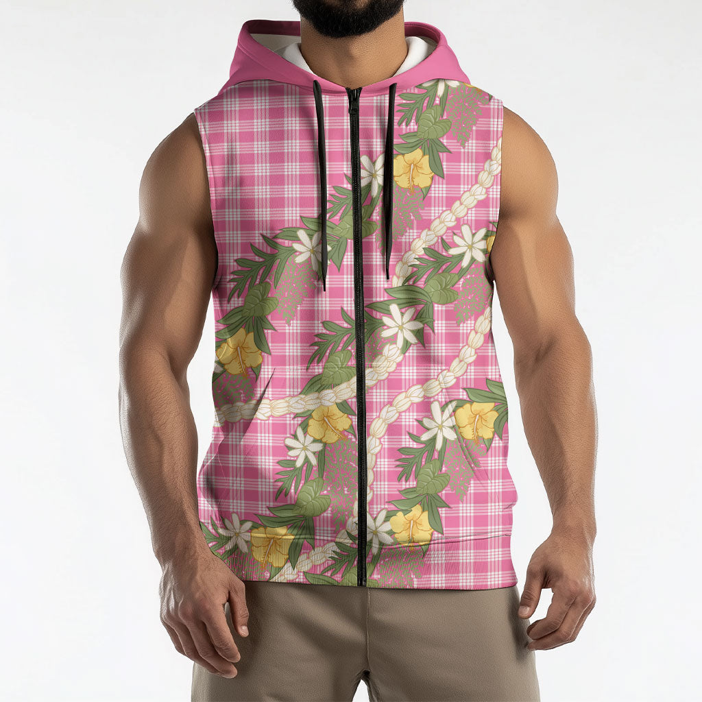 Aloha Puakenikeni Anthurium Pikake Lei Sleeveless Zip Hoodie Tropical Pink Hawaiian Palaka Pattern