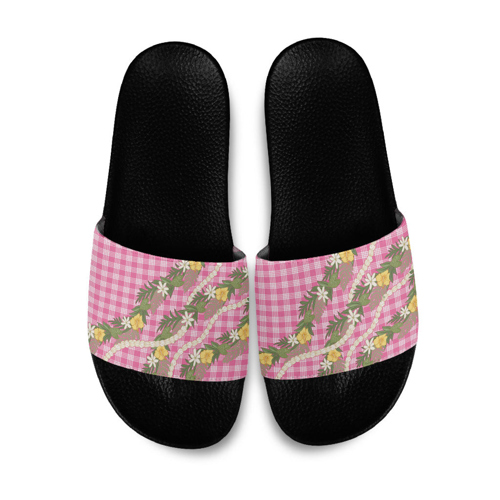 Aloha Puakenikeni Anthurium Pikake Lei Slide Sandals Tropical Pink Hawaiian Palaka Pattern