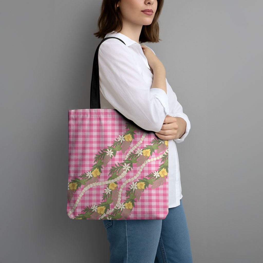 Aloha Puakenikeni Anthurium Pikake Lei Tote Bag Tropical Pink Hawaiian Palaka Pattern