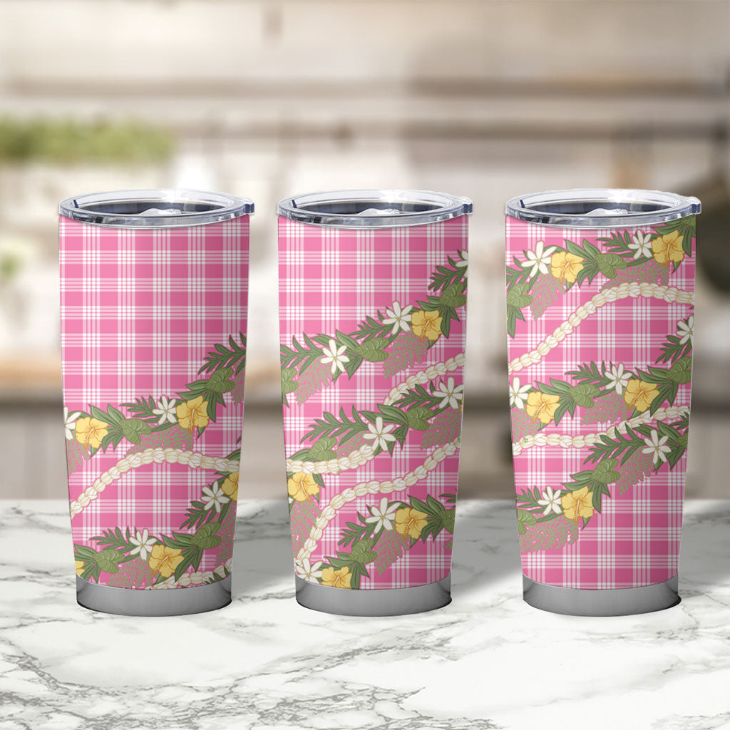Aloha Puakenikeni Anthurium Pikake Lei Tumbler Cup Tropical Pink Hawaiian Palaka Pattern