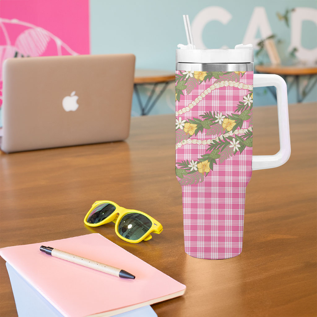 Aloha Puakenikeni Anthurium Pikake Lei Tumbler With Handle Tropical Pink Hawaiian Palaka Pattern