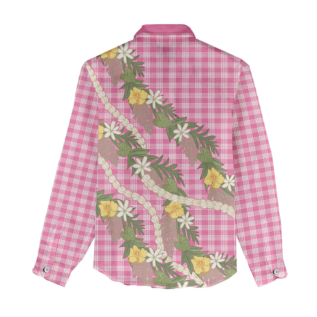 Aloha Puakenikeni Anthurium Pikake Lei Women Casual Shirt Tropical Pink Hawaiian Palaka Pattern